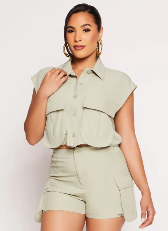 Sleeveless Crepe Knit Cargo Pocket Button Front Shirt sold by Rainbow