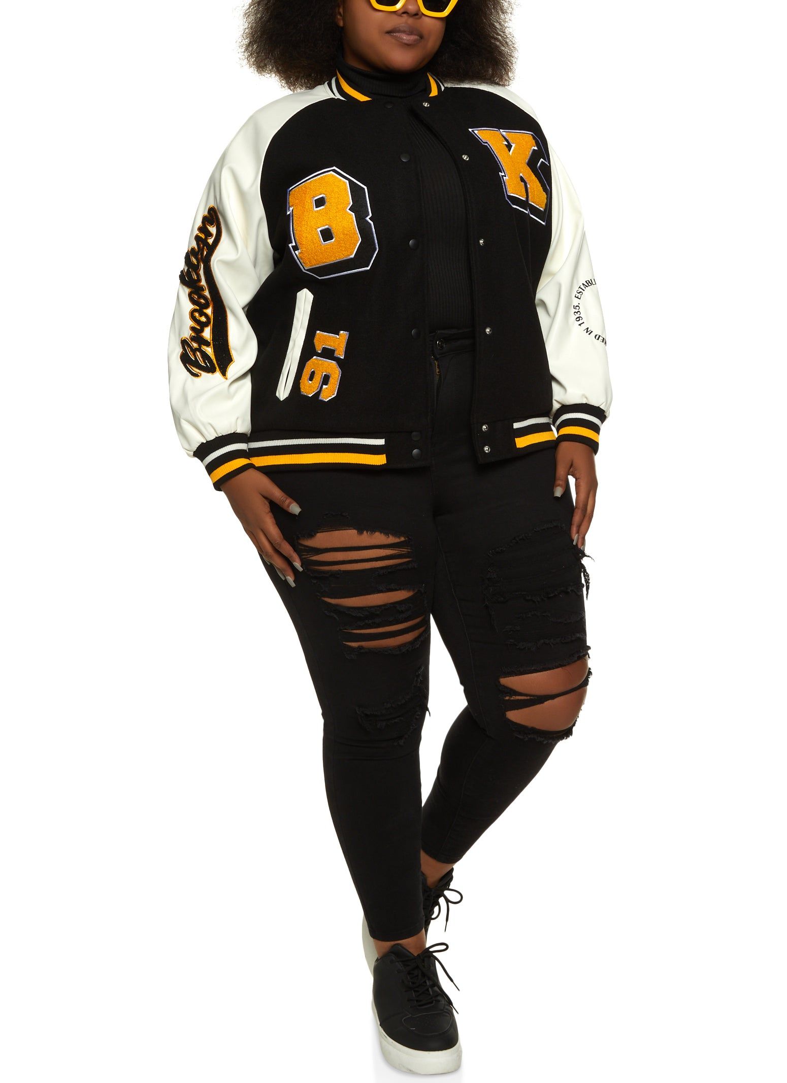 Plus Size PU Sleeve Brooklyn Chenille Patch Varsity Jacket sold by Rainbow product image thumbnail 2