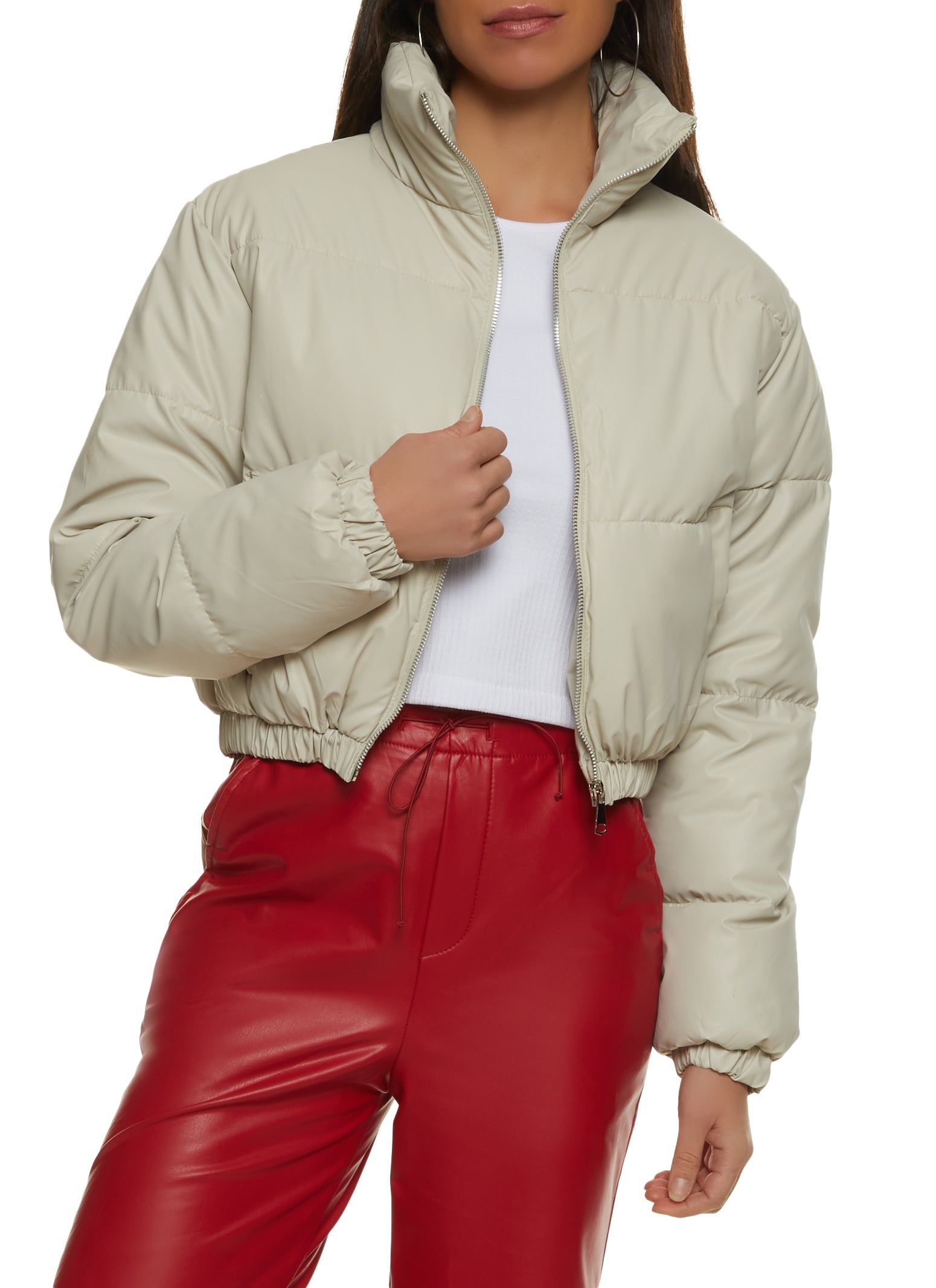 Faux Leather Zip Front Cropped Puffer Jacket sold by Rainbow