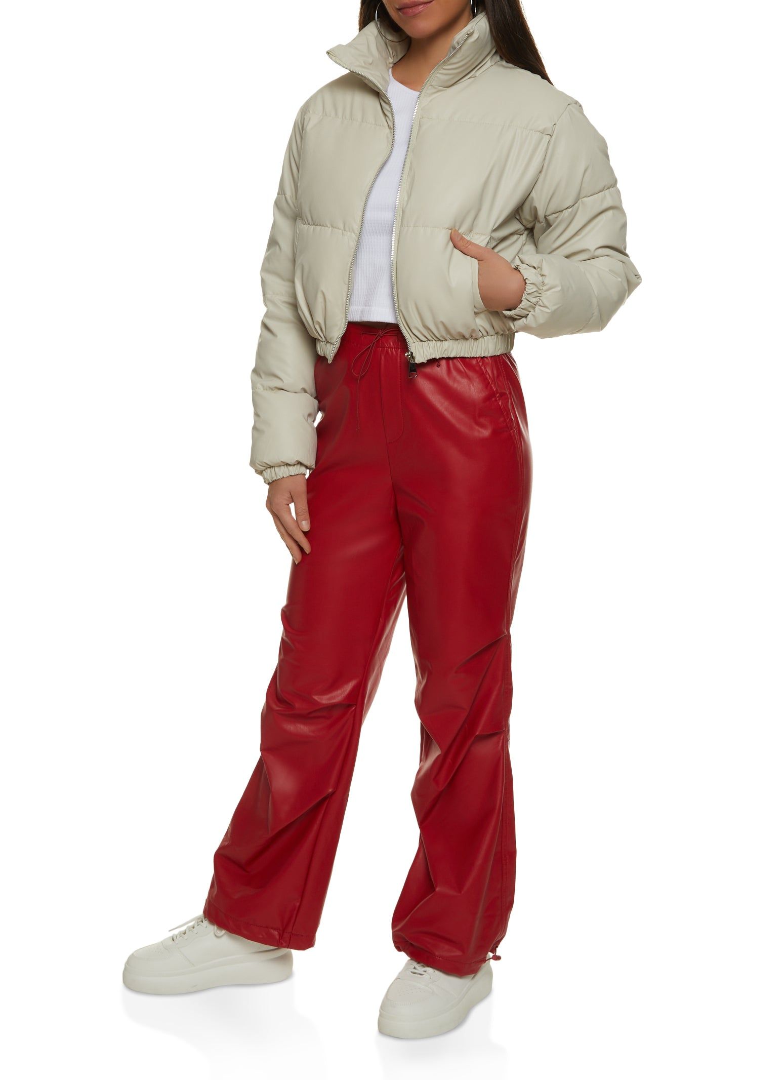 Faux Leather Zip Front Cropped Puffer Jacket sold by Rainbow product image thumbnail 2