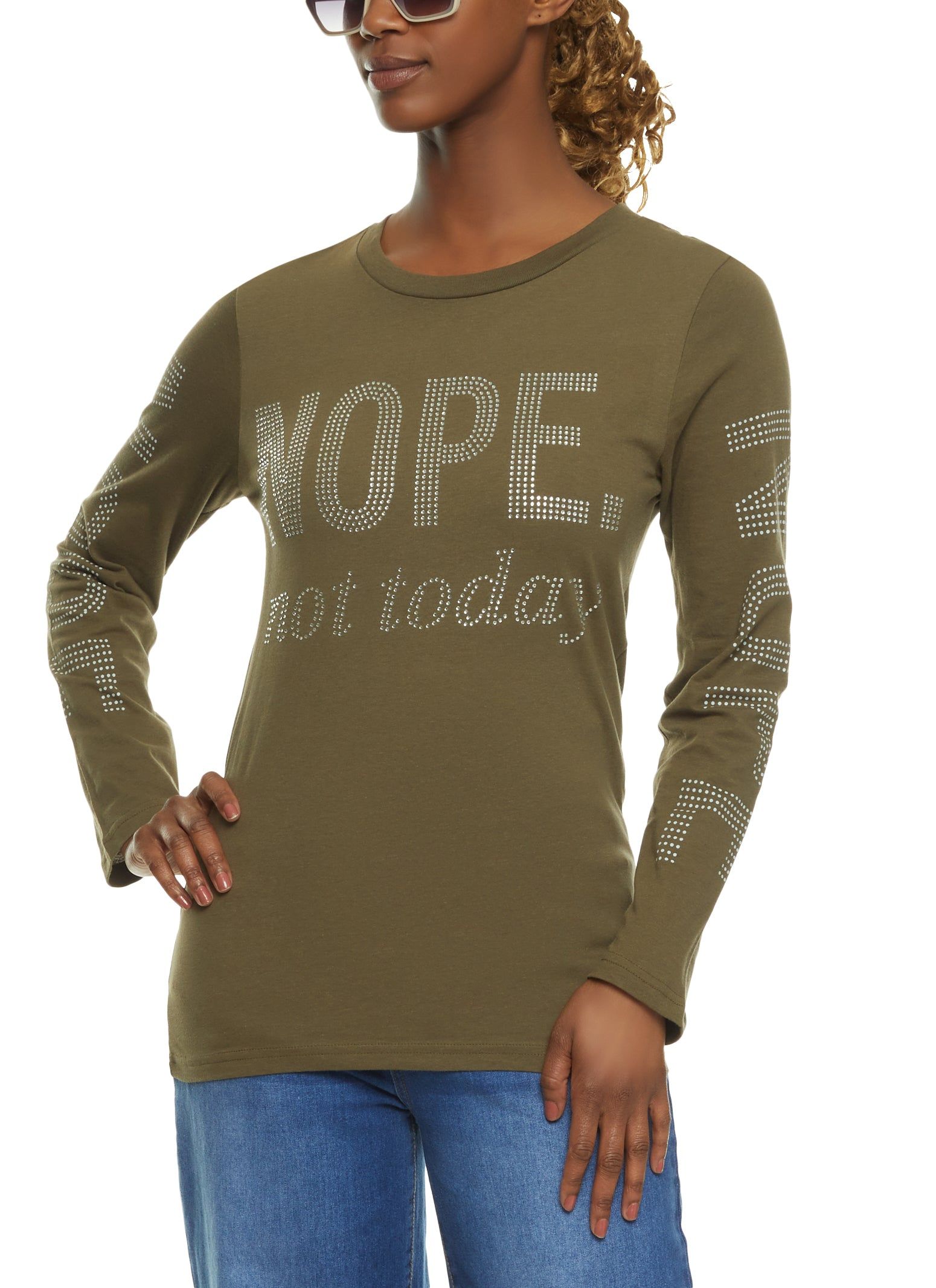 Rhinestone Nope Not Today Long Sleeve Tee sold by Rainbow