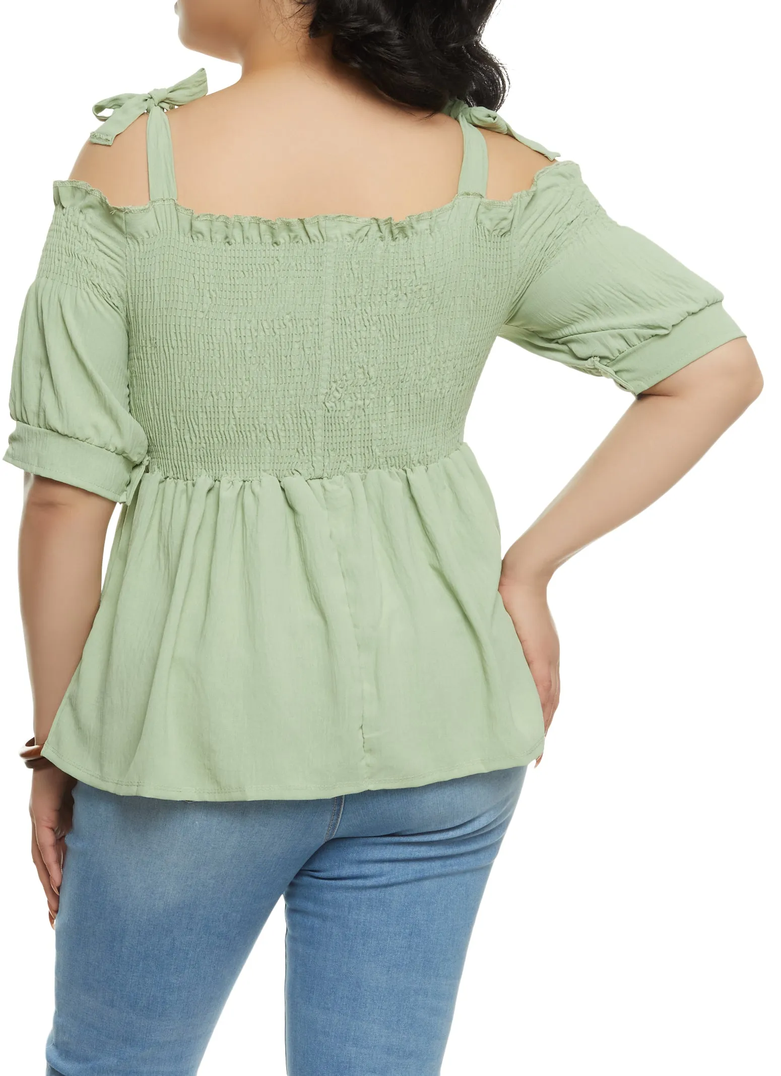 Plus Size Smocked Button Front Cold Shoulder Top sold by Rainbow product image thumbnail 2