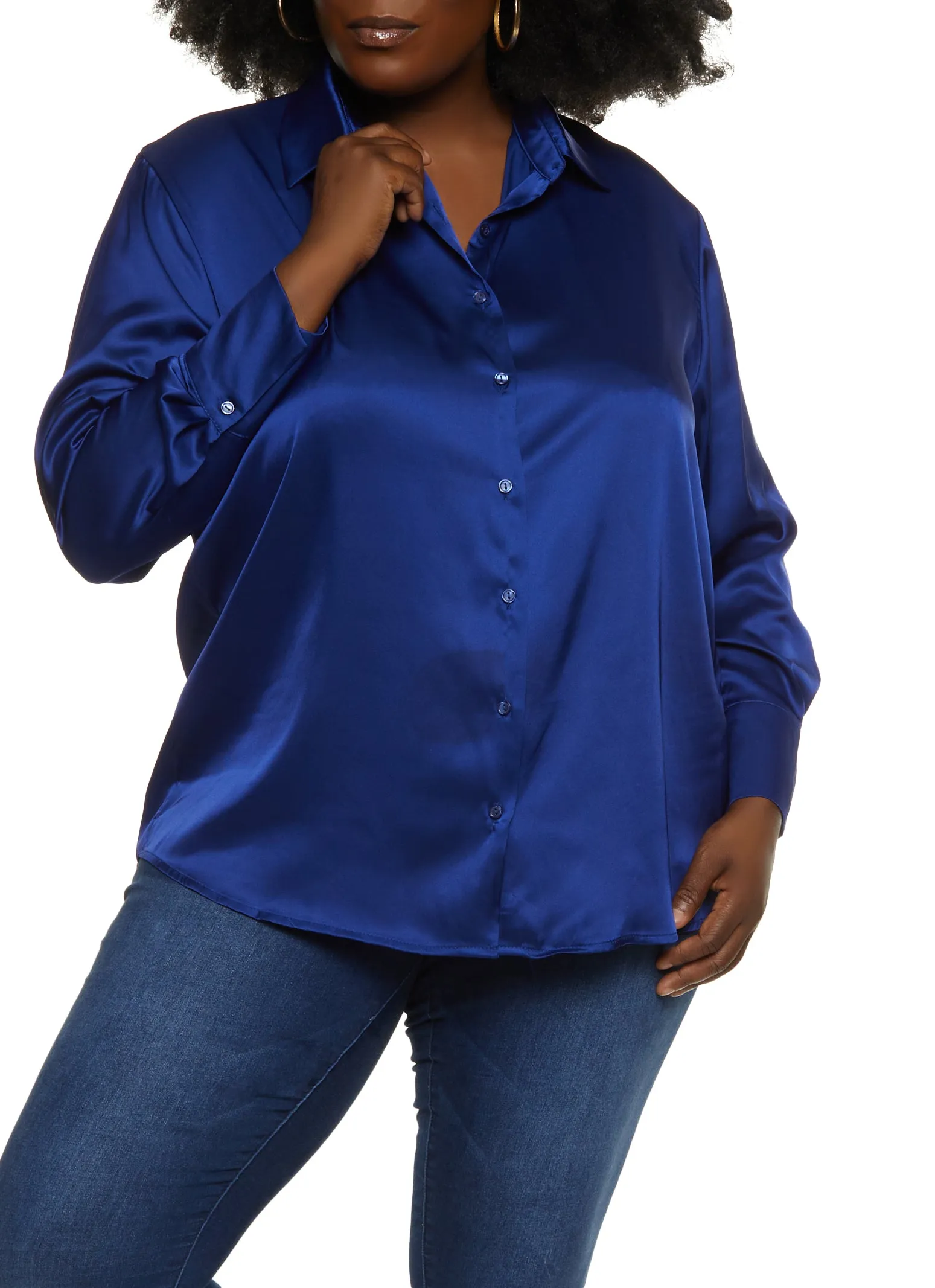 Plus Size Satin Solid Button Down Shirt sold by Rainbow