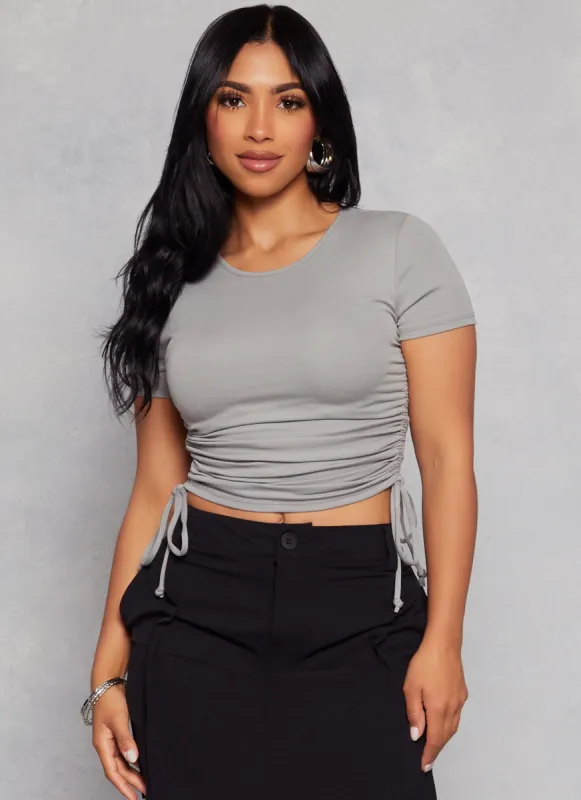 Solid Crew Neck Ruched Side Crop Top sold by Rainbow