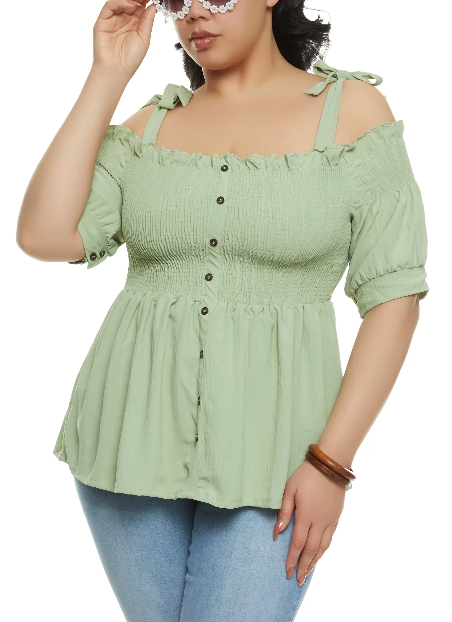 Plus Size Smocked Button Front Cold Shoulder Top sold by Rainbow