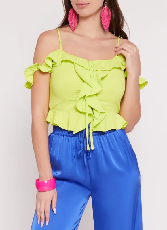 Iris Ruffle Trim Lace Up Cold Shoulder Blouse sold by Rainbow