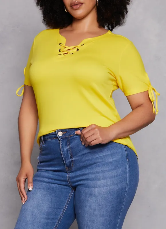 Plus Size Lace Up Notch Neck Tie Sleeve Tee sold by Rainbow