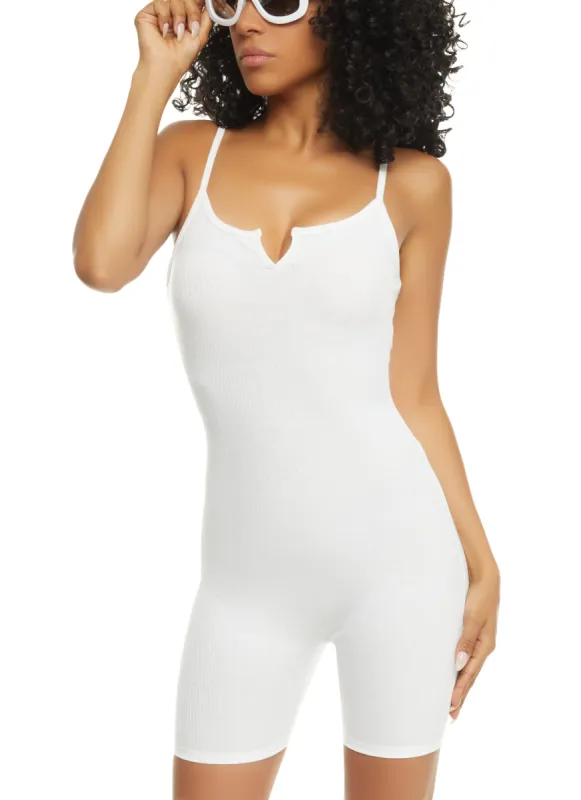 Ribbed Solid Notch Neck Cami Romper sold by Rainbow