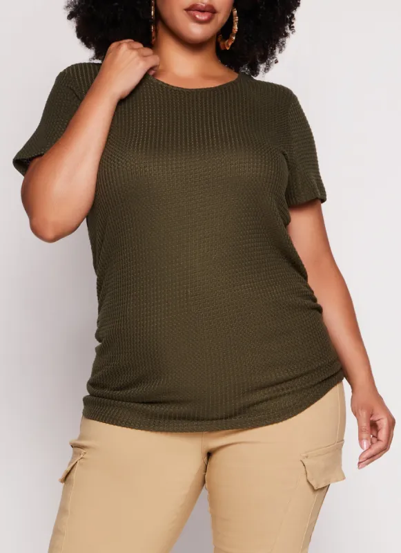 Plus Size Waffle Knit Crew Neck Ruched Tee sold by Rainbow