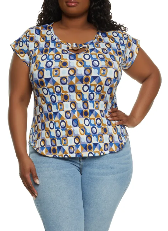 Plus Size Geometric Print Pendant Cut Out Detail Top sold by Rainbow