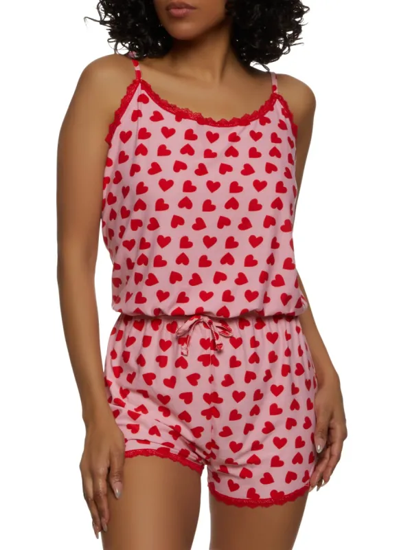 Heart Printed Lace Trim Pajama Romper sold by Rainbow