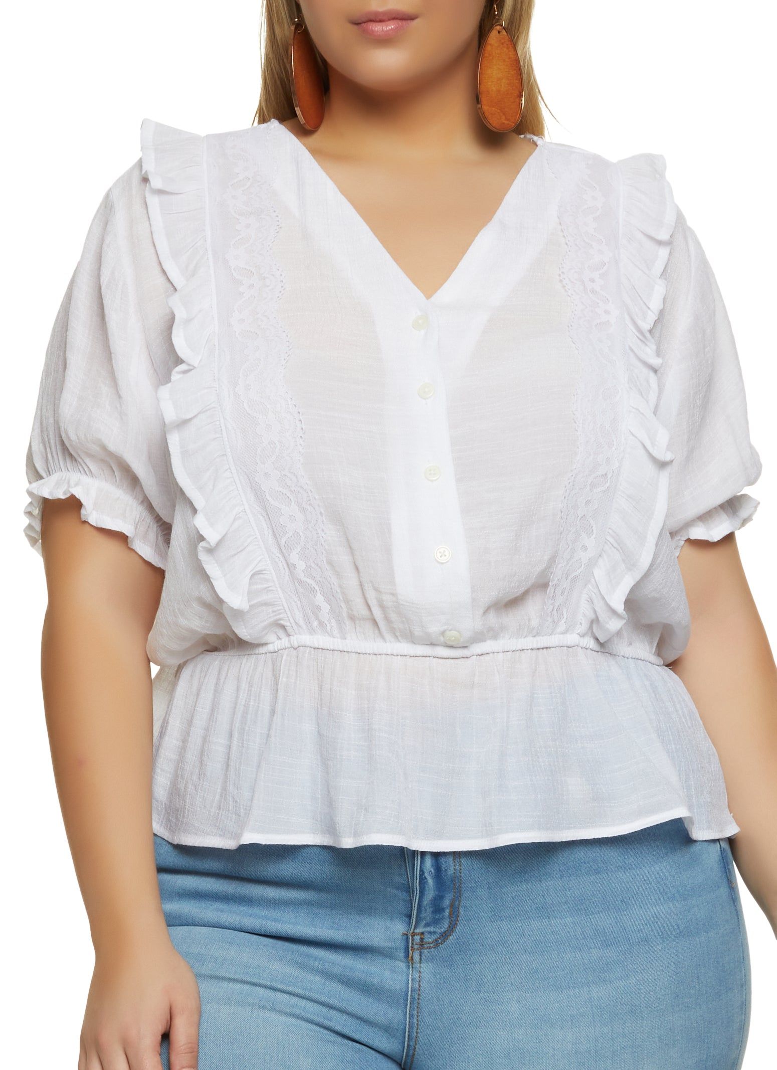 Plus Size Button Front Peasant Top sold by Rainbow