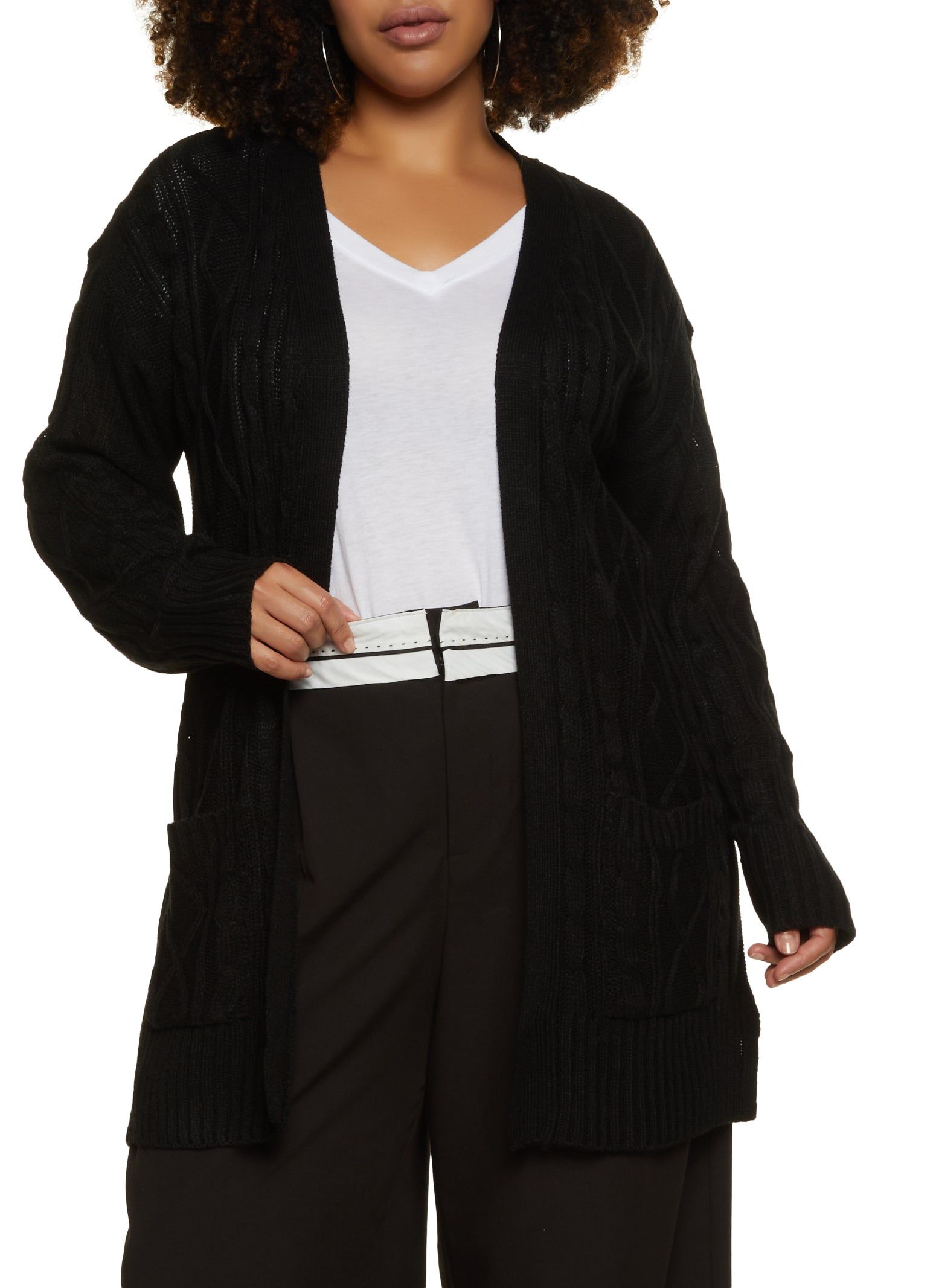 Plus Size Cable Knit Open Front Cardigan sold by Rainbow