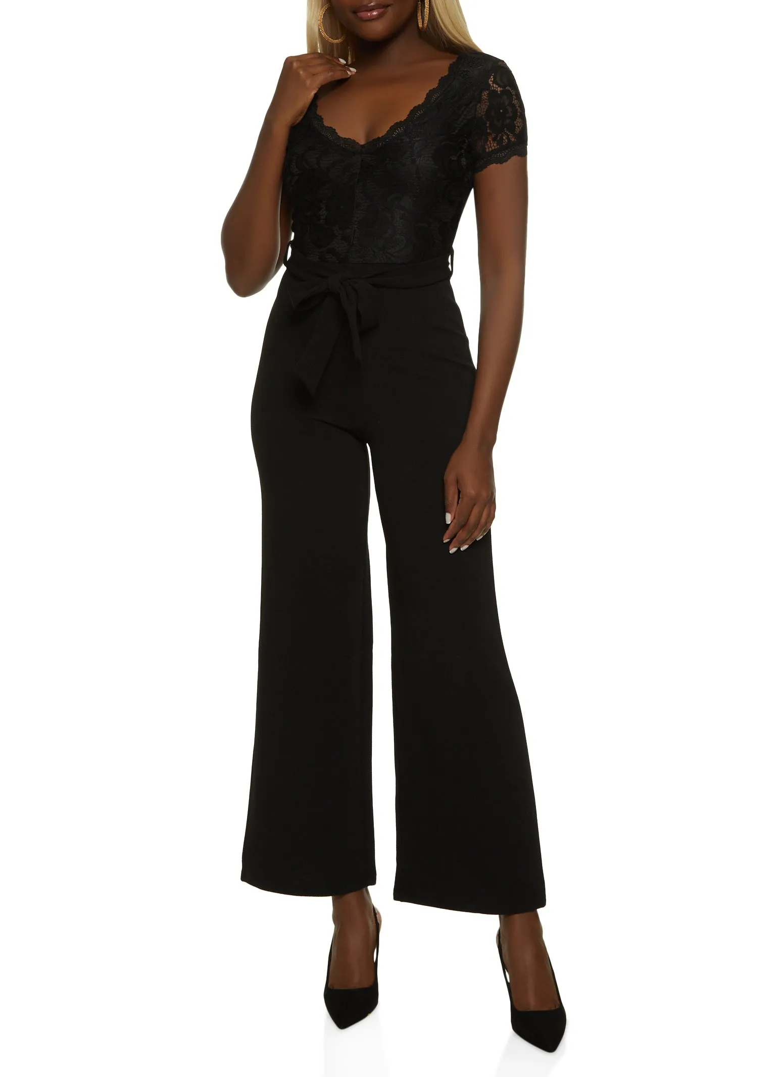 Scalloped Lace Tie Waist Belt Jumpsuit sold by Rainbow