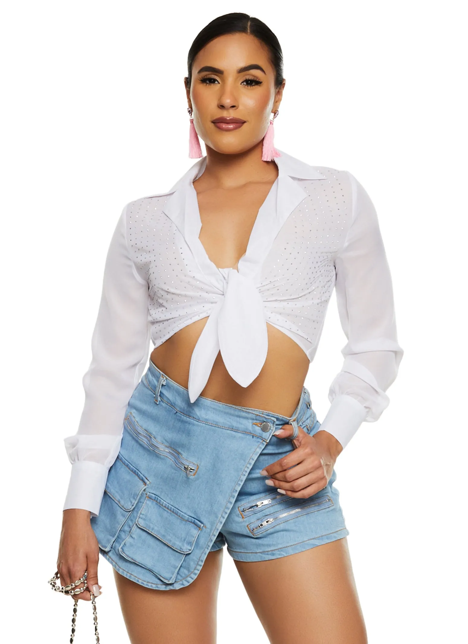 Chiffon Rhinestone Studded Tie Front Shirt sold by Rainbow product image thumbnail 2