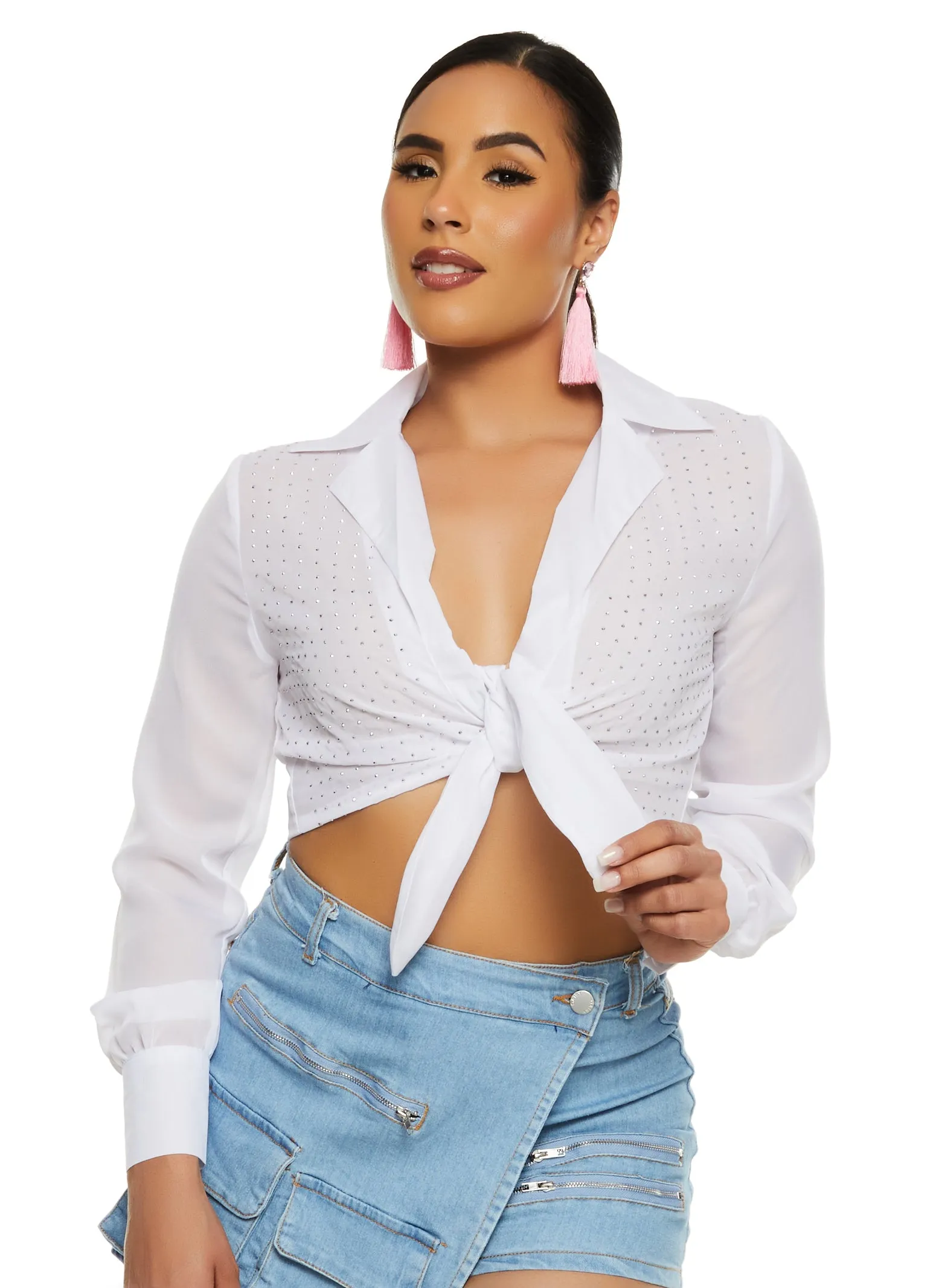 Chiffon Rhinestone Studded Tie Front Shirt sold by Rainbow