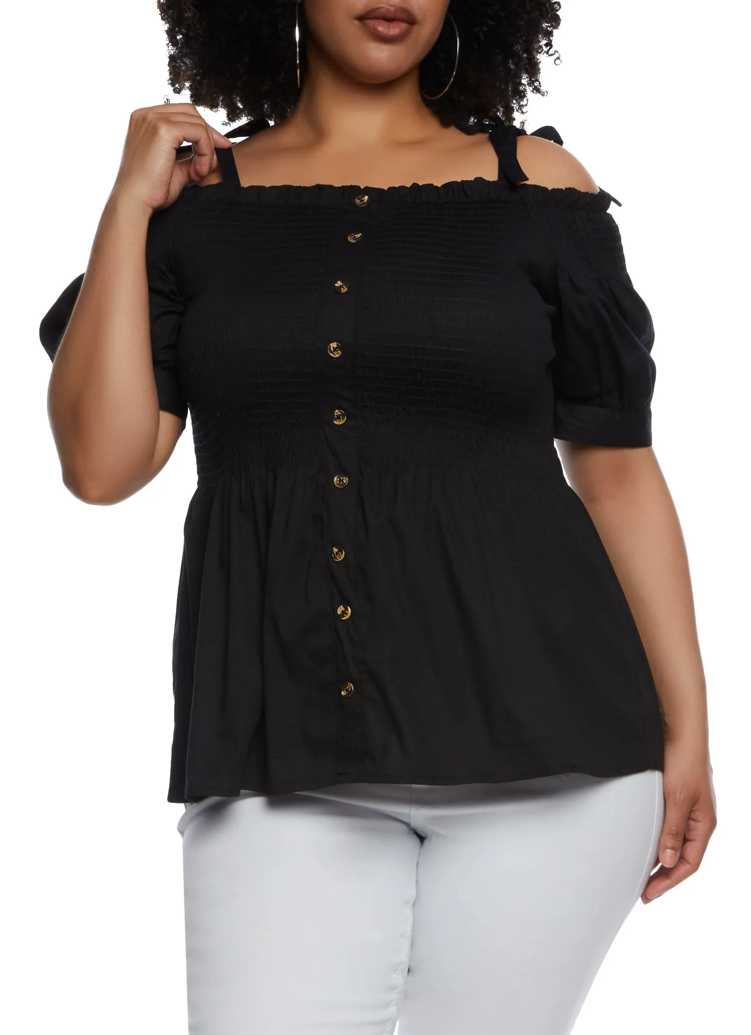 Plus Size Smocked Tie Strap Cold Shoulder Top sold by Rainbow
