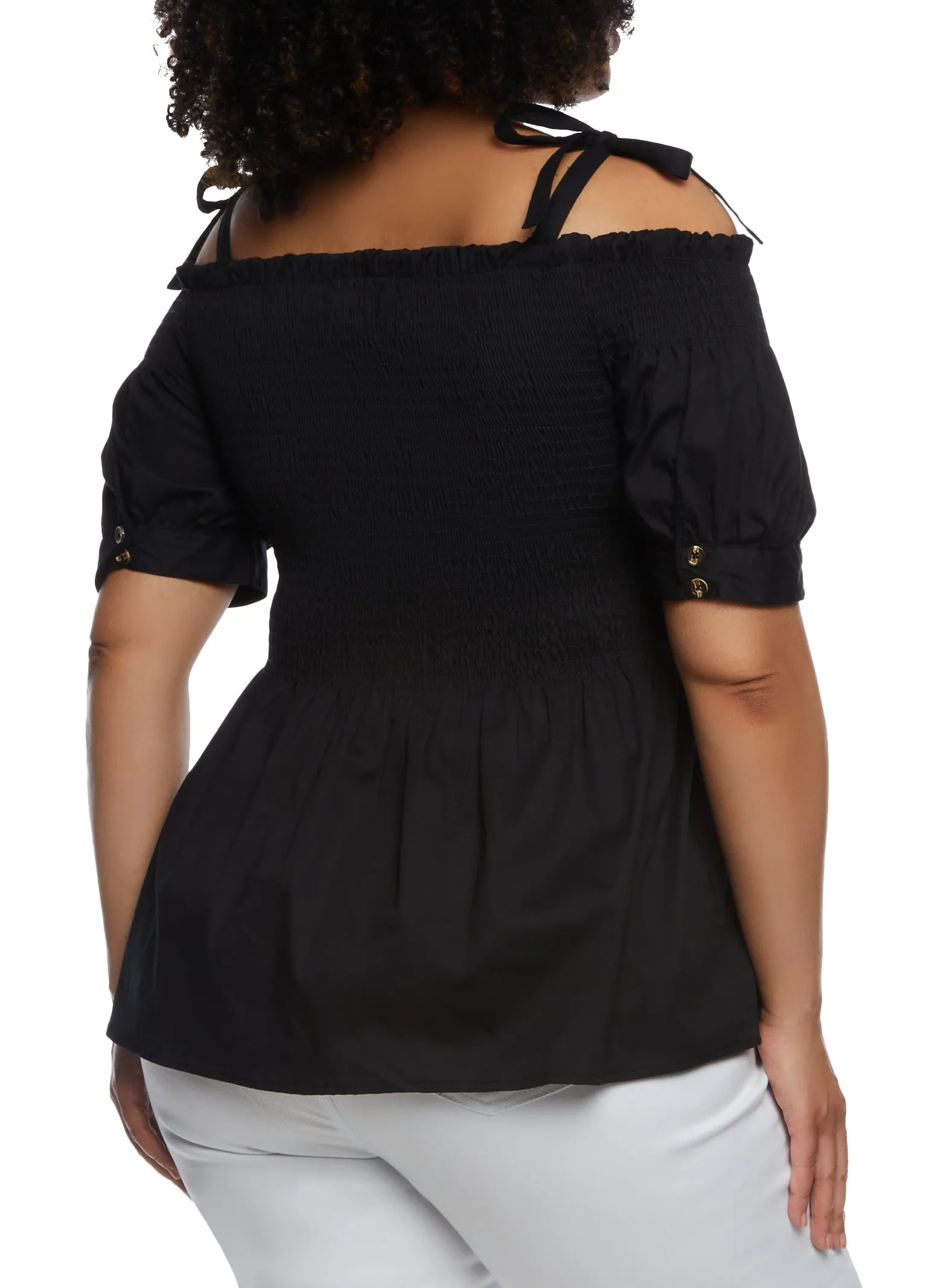 Plus Size Smocked Tie Strap Cold Shoulder Top sold by Rainbow product image thumbnail 3