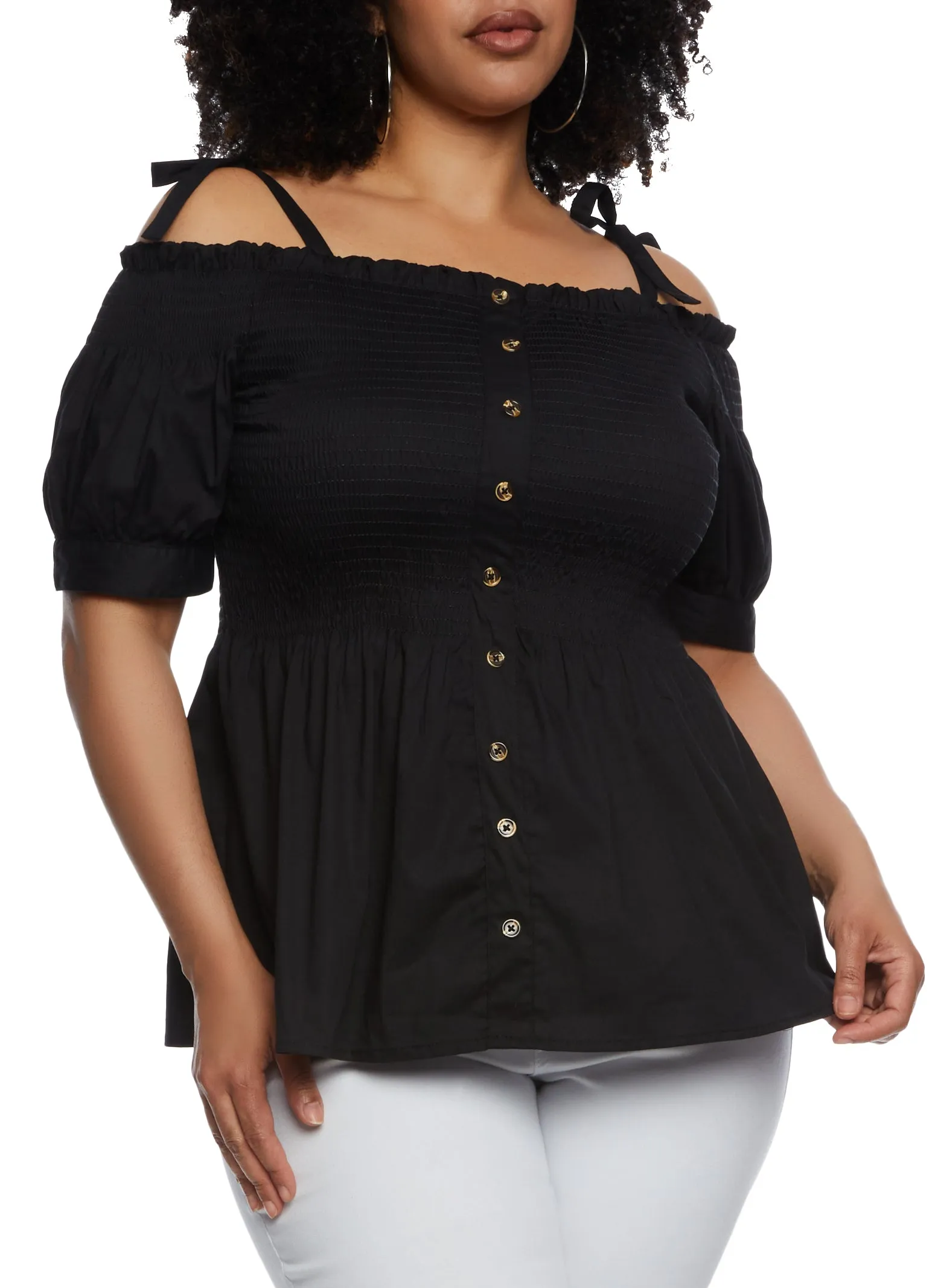 Plus Size Smocked Tie Strap Cold Shoulder Top sold by Rainbow product image thumbnail 2