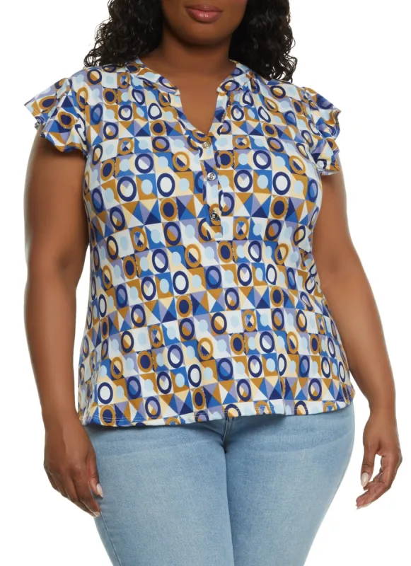 Plus Size Geometric Print Flutter Sleeve Blouse sold by Rainbow