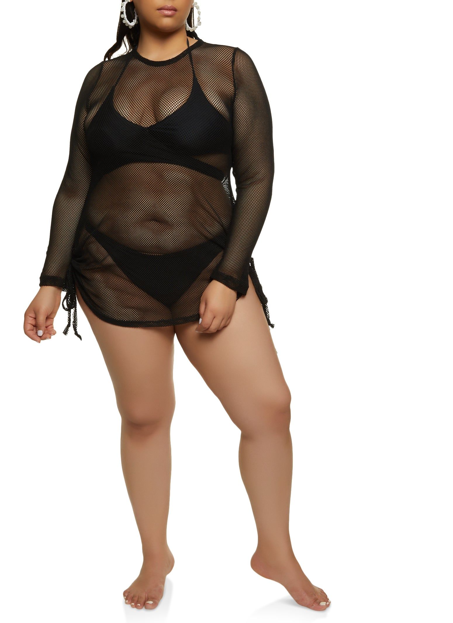 Plus Size Fishnet Open Tie Back Long Sleeve Top sold by Rainbow product image thumbnail 5