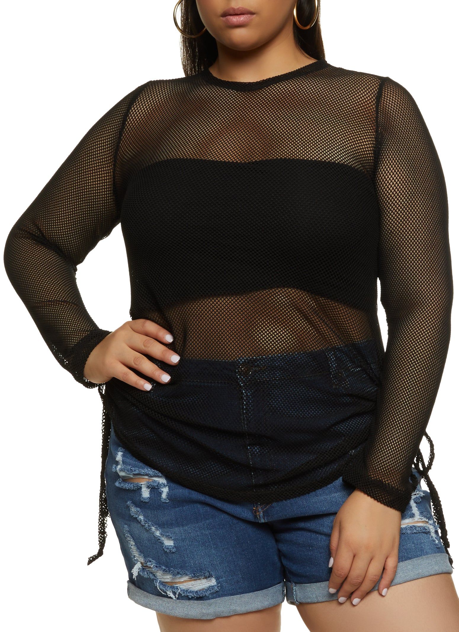 Plus Size Fishnet Open Tie Back Long Sleeve Top sold by Rainbow