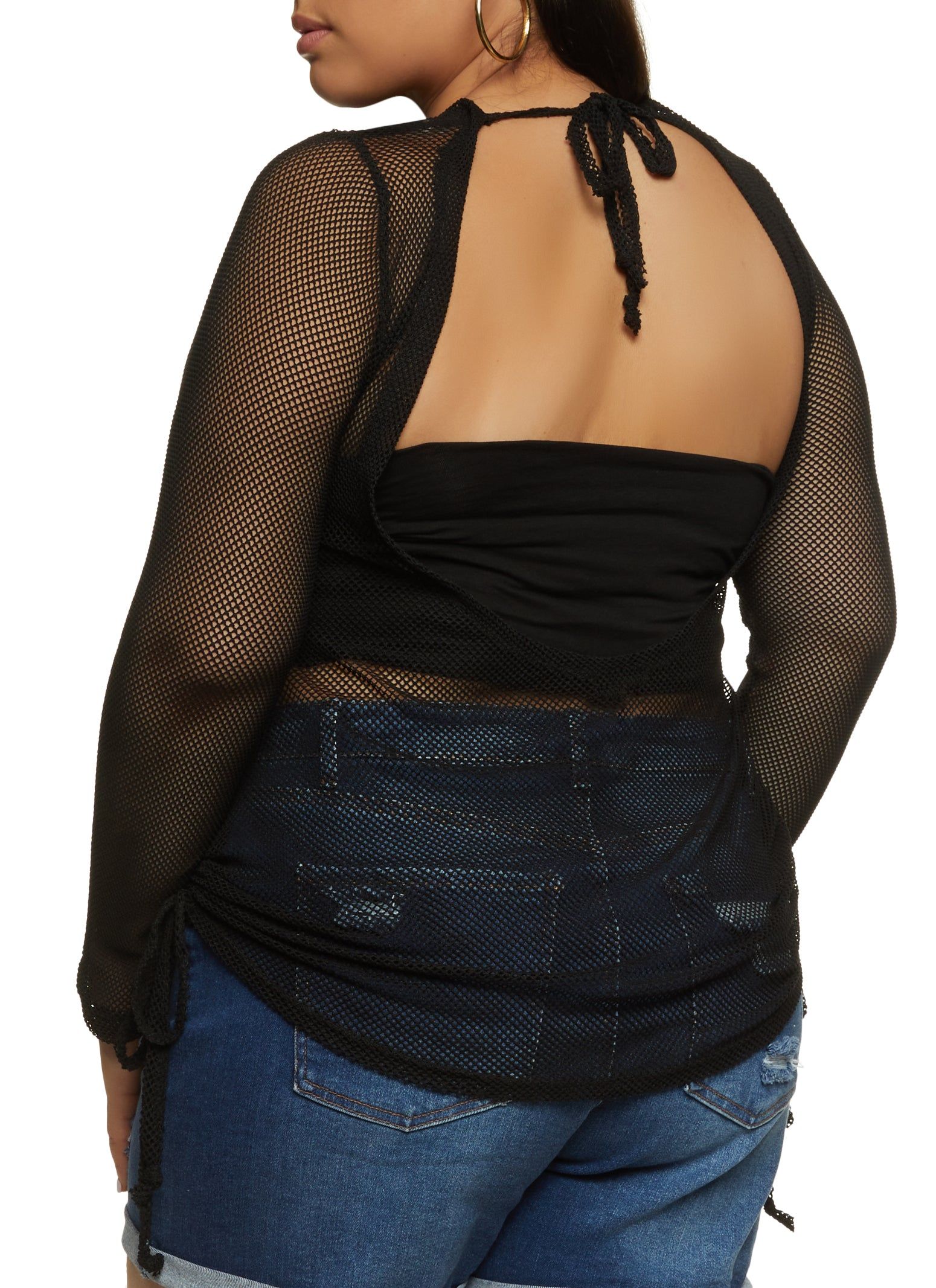 Plus Size Fishnet Open Tie Back Long Sleeve Top sold by Rainbow product image thumbnail 2