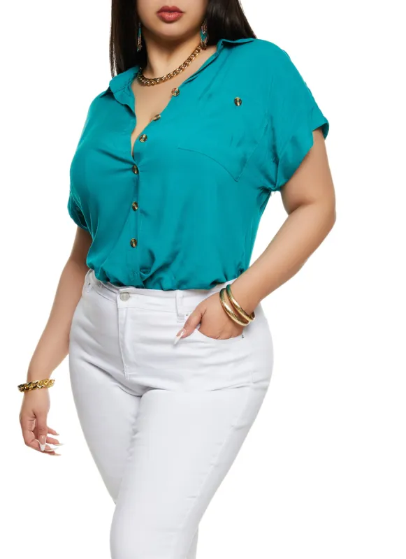 Plus Size Button Front High Low Shirt sold by Rainbow