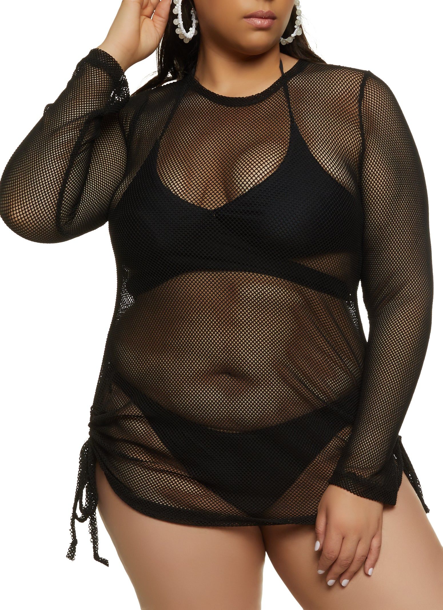 Plus Size Fishnet Open Tie Back Long Sleeve Top sold by Rainbow product image thumbnail 3
