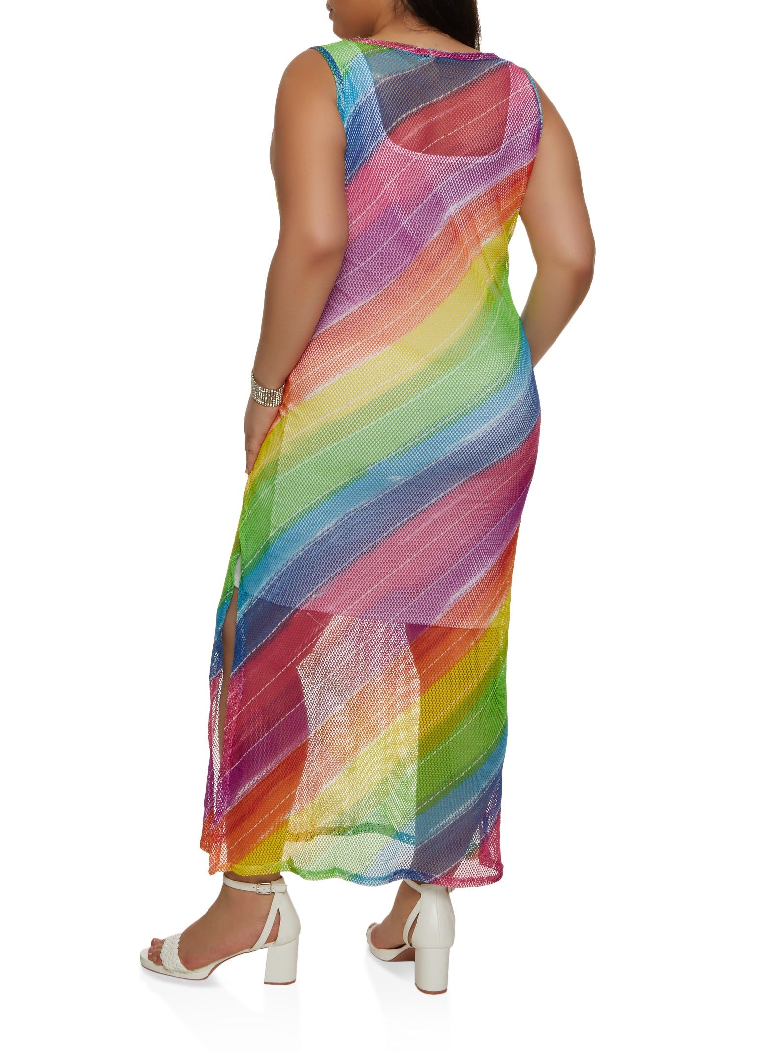Plus Size Fishnet Rainbow Striped Tank Maxi Dress sold by Rainbow product image thumbnail 3