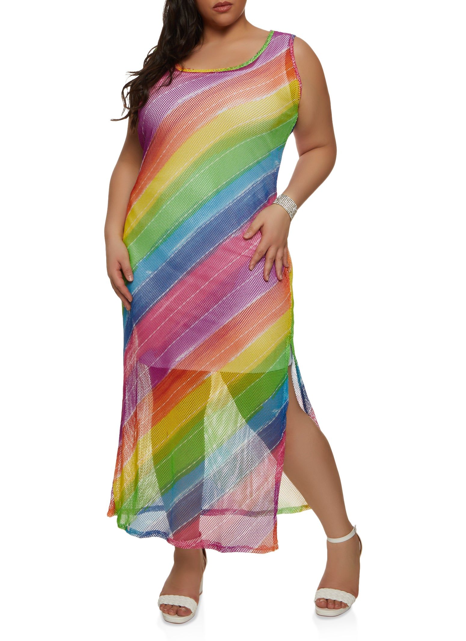 Plus Size Fishnet Rainbow Striped Tank Maxi Dress sold by Rainbow product image thumbnail 2