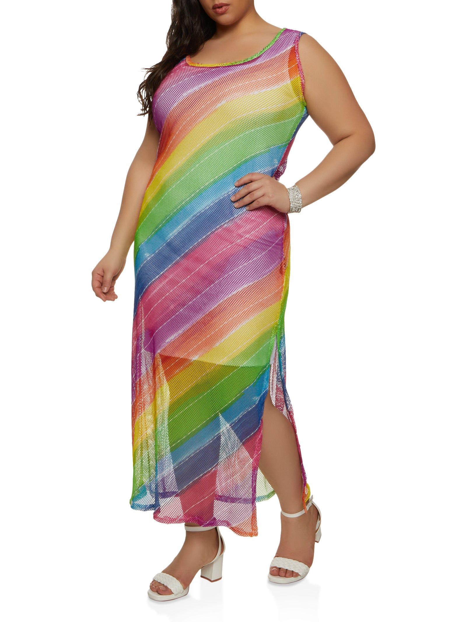 Plus Size Fishnet Rainbow Striped Tank Maxi Dress sold by Rainbow