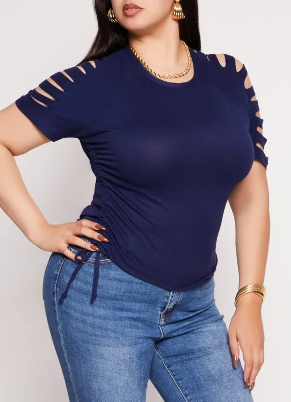 Plus Size Laser Cut Sleeve Ruched Sleeve T Shirt sold by Rainbow