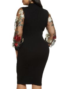 Plus Size Embroidered Sleeve Mock Neck Midi Dress sold by Rainbow