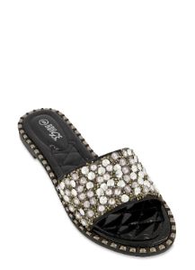 Metallic Studded Trim Rhinestone Band Slide Sandals sold by Rainbow