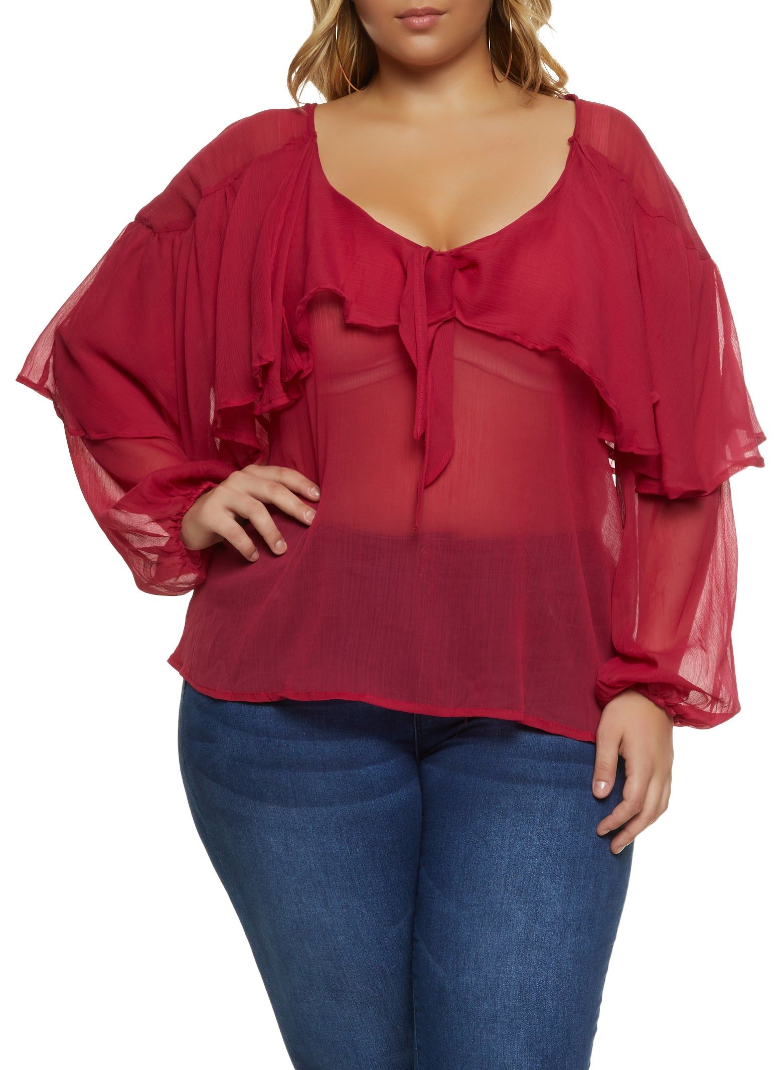 Plus Size Knot Detail Waterfall Frill Blouse sold by Rainbow