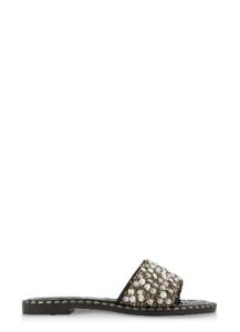 Metallic Studded Trim Rhinestone Band Slide Sandals sold by Rainbow