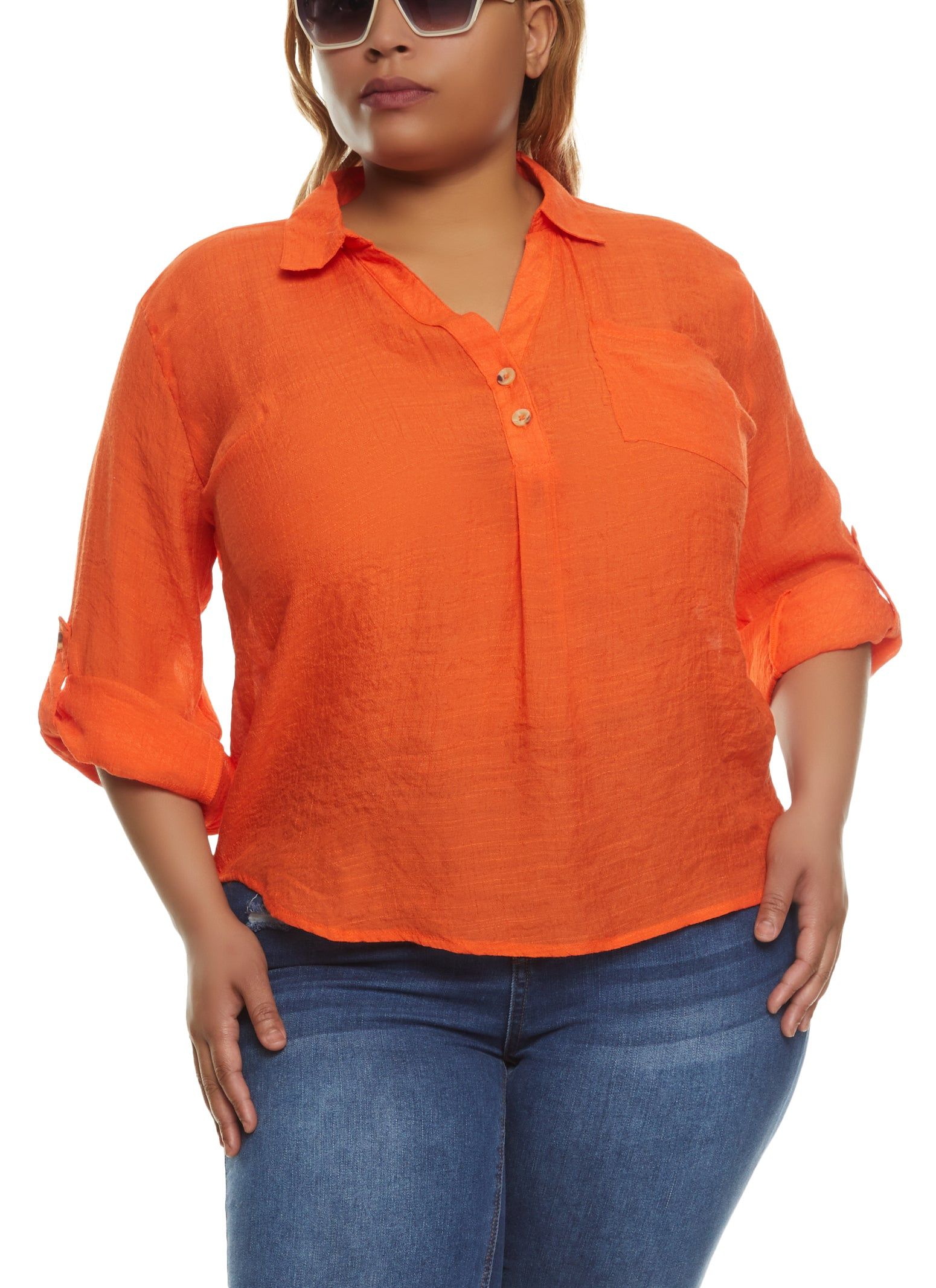 Plus Size Tabbed Sleeve V Neck Shirt sold by Rainbow