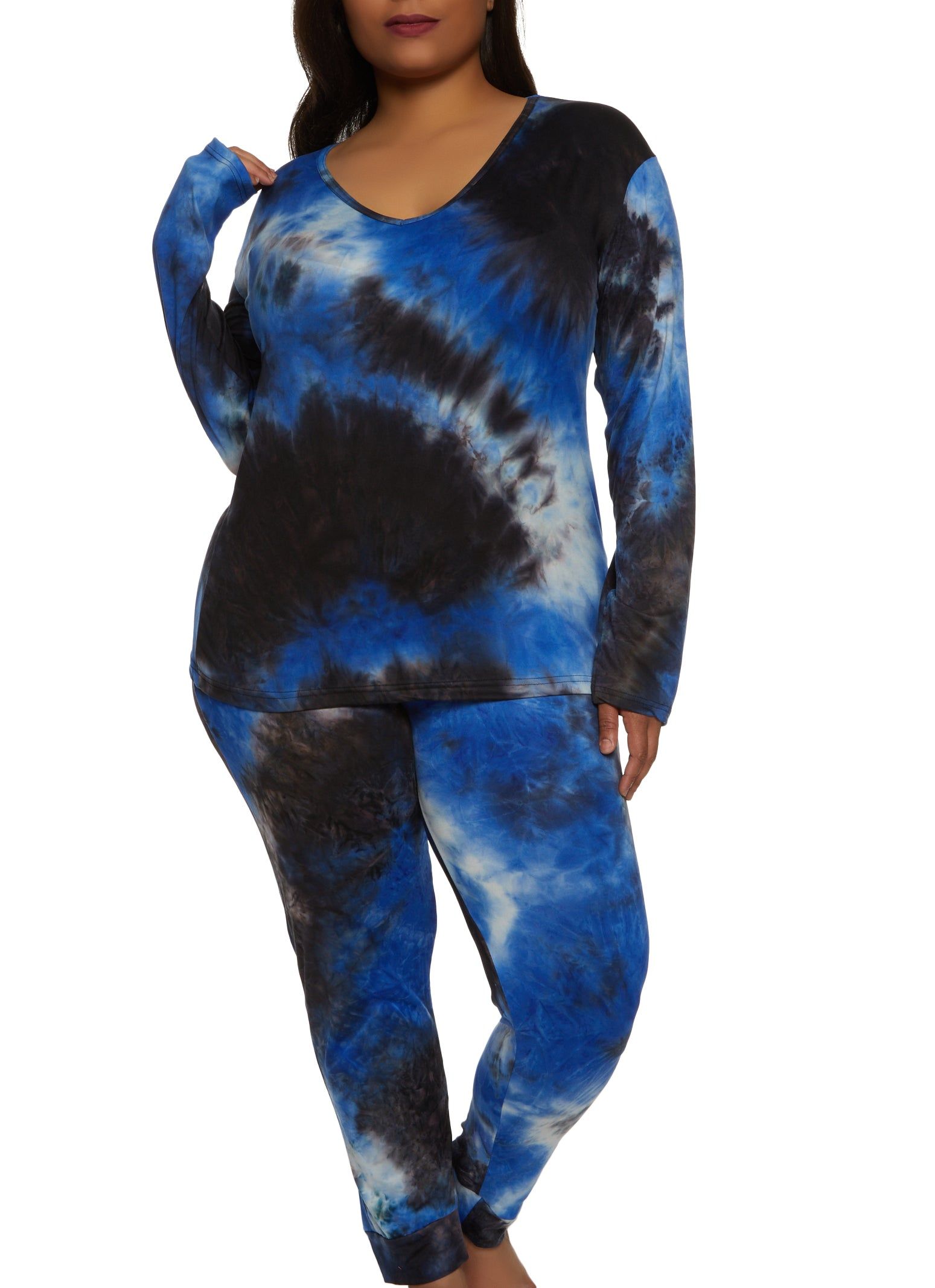 Plus Size Tie Dye V Neck Pajama Top and Pants sold by Rainbow