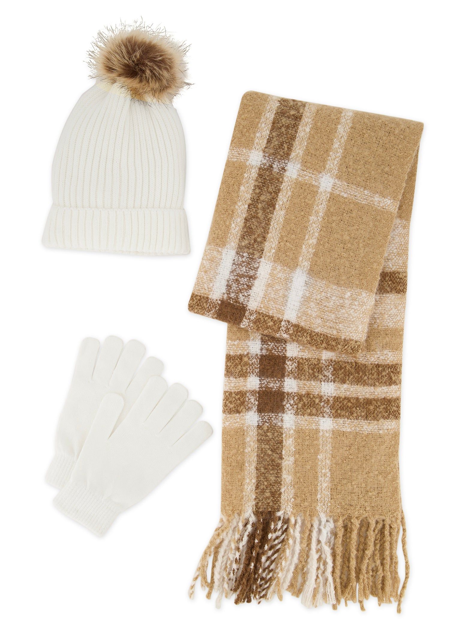 Rib Knit Pom Pom Beanie with Gloves and Plaid Scarf Set sold by Rainbow