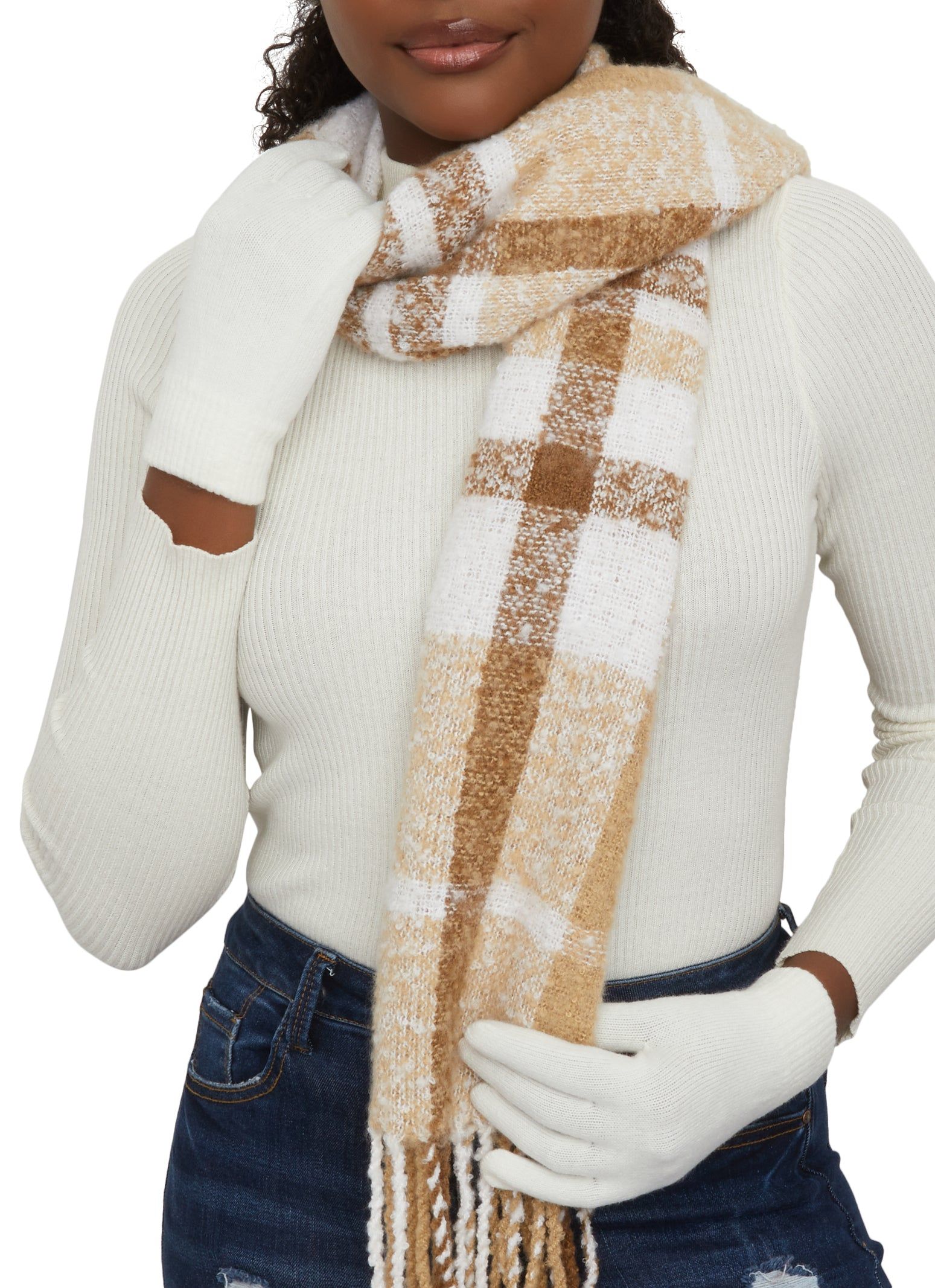 Rib Knit Pom Pom Beanie with Gloves and Plaid Scarf Set sold by Rainbow product image thumbnail 3