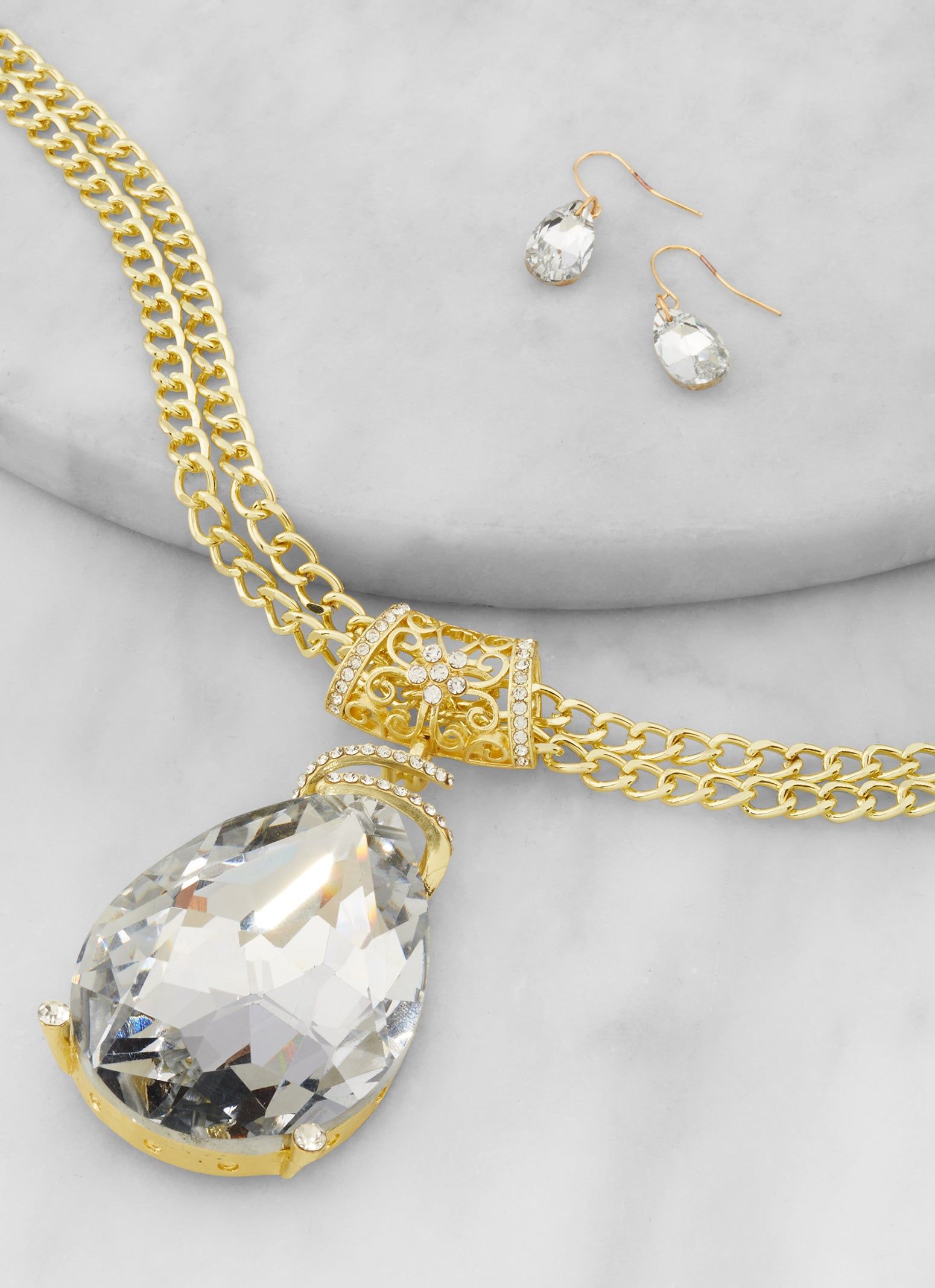 Rhinestone Teardrop Pendant Necklace and Earring Set sold by Rainbow product image thumbnail 2