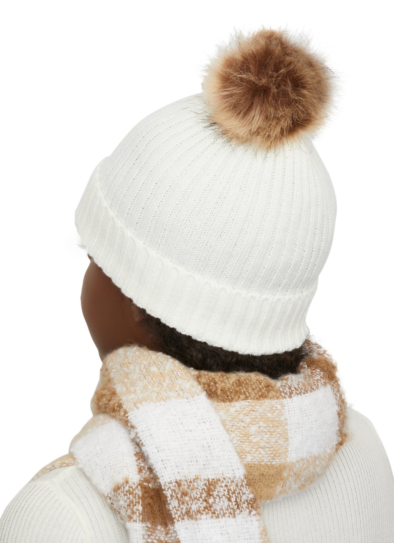 Rib Knit Pom Pom Beanie with Gloves and Plaid Scarf Set sold by Rainbow product image thumbnail 2
