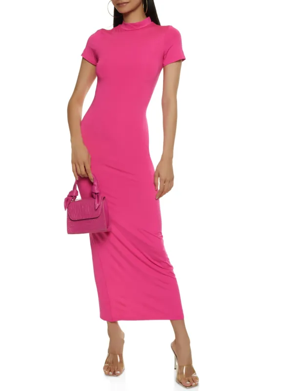 Solid Short Sleeve Mock Neck Maxi Dress sold by Rainbow