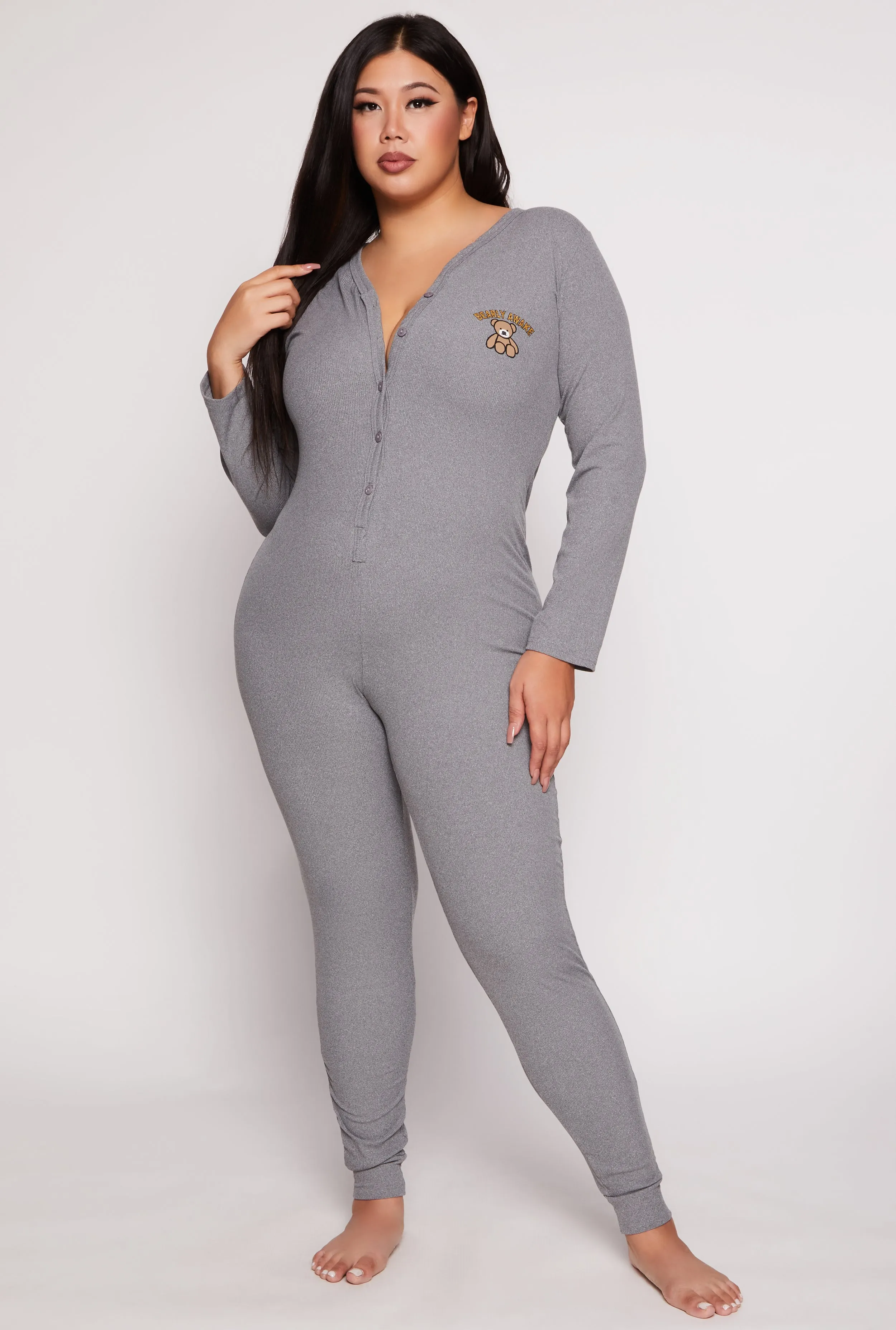 Plus Size Bearly Awake Embroidered Button Front Pajama Jumpsuit sold by Rainbow