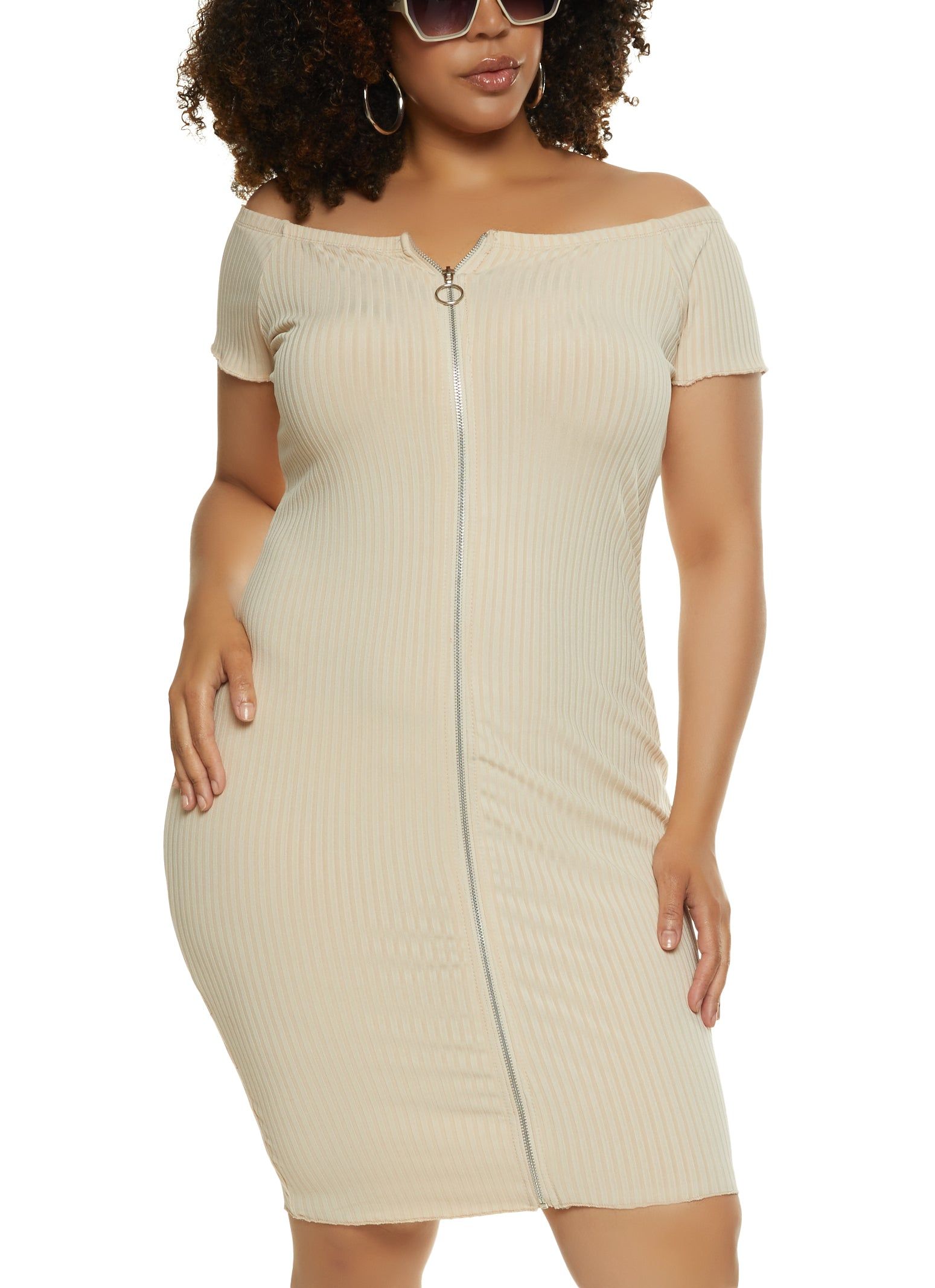 Plus Size Zip Front Off the Shoulder Dress sold by Rainbow