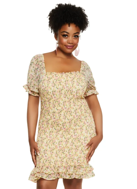 Plus Size Haute Monde Floral Print Smocked Mini Dress made by Rainbow