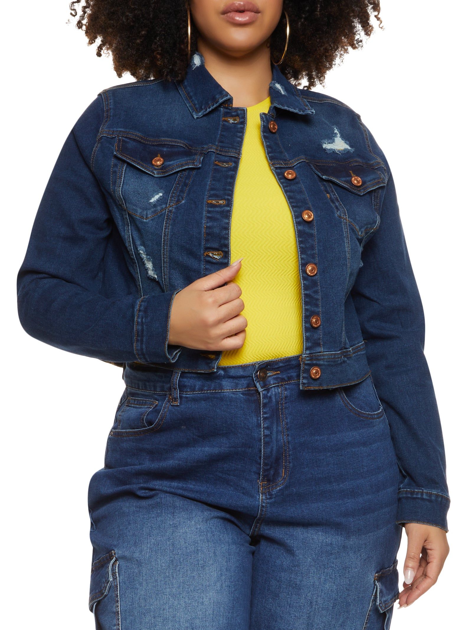 Plus Size WAX Distressed Cropped Jean Jacket sold by Rainbow