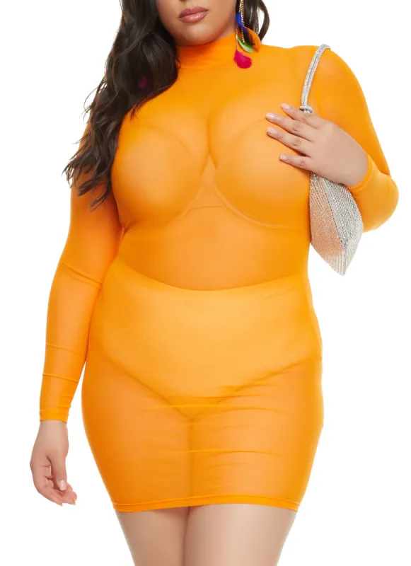 Plus Size Mesh Mock Neck Mini Dress sold by Rainbow