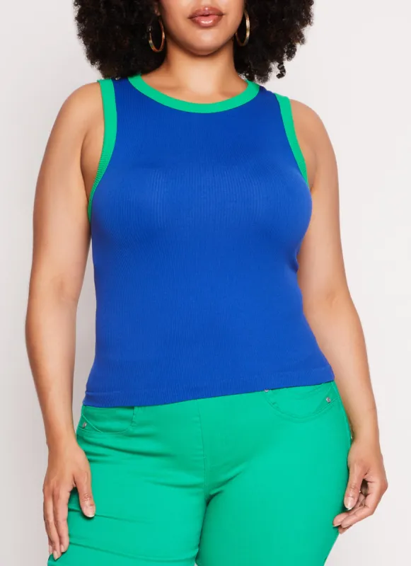 Plus Size Seamless Ribbed Contrast Trim Tank Top sold by Rainbow